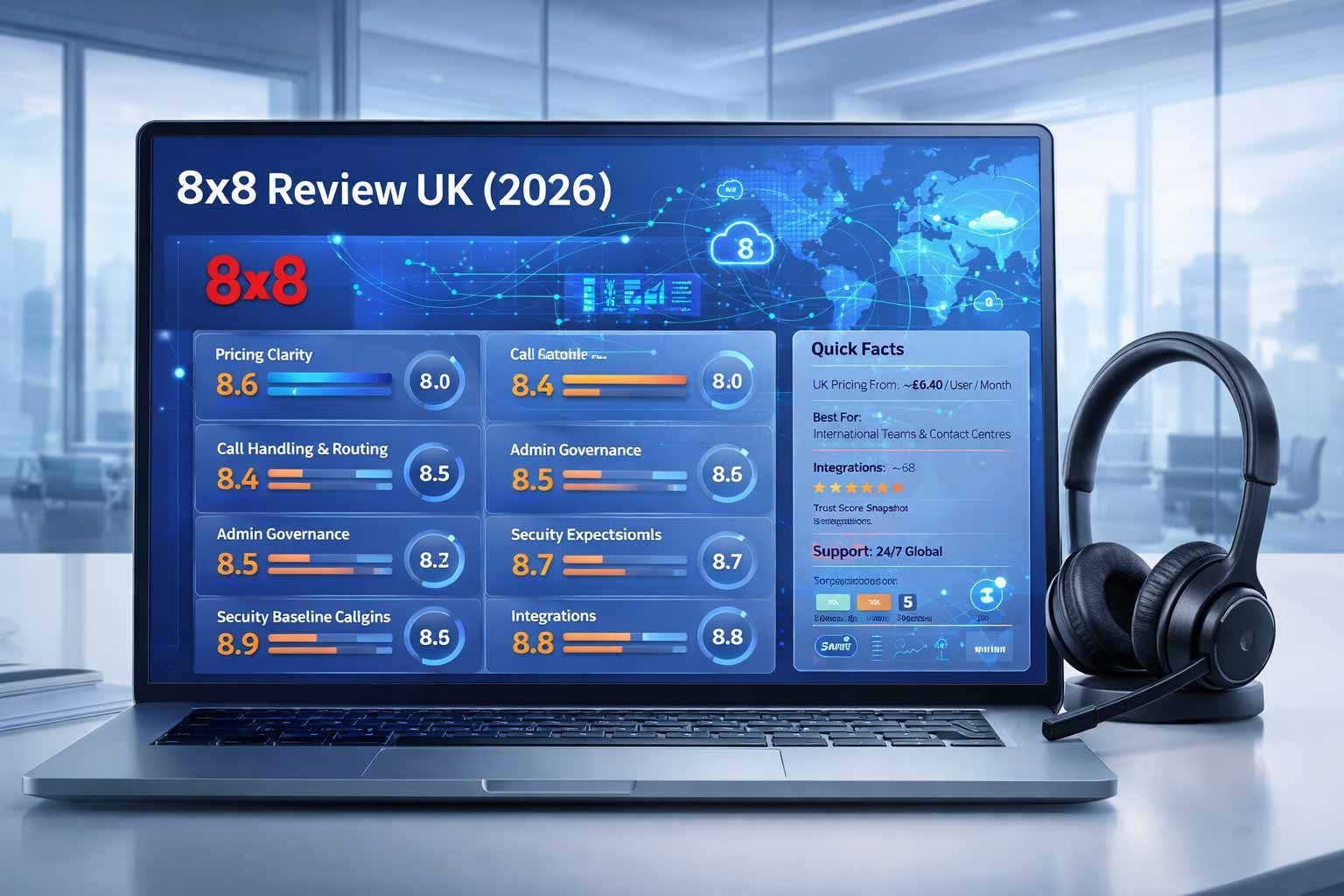 Detailed review of 8x8 UK business VoIP, highlighting unlimited international calling to 48 countries, integrated contact centre, and real-time analytics.