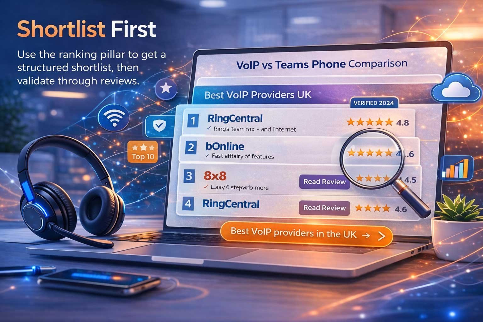 A ranked shortlist of the best VoIP providers in the UK for 2026, featuring star ratings and reviews for RingCentral, bOnline, and 8x8 to help businesses validate their choice.