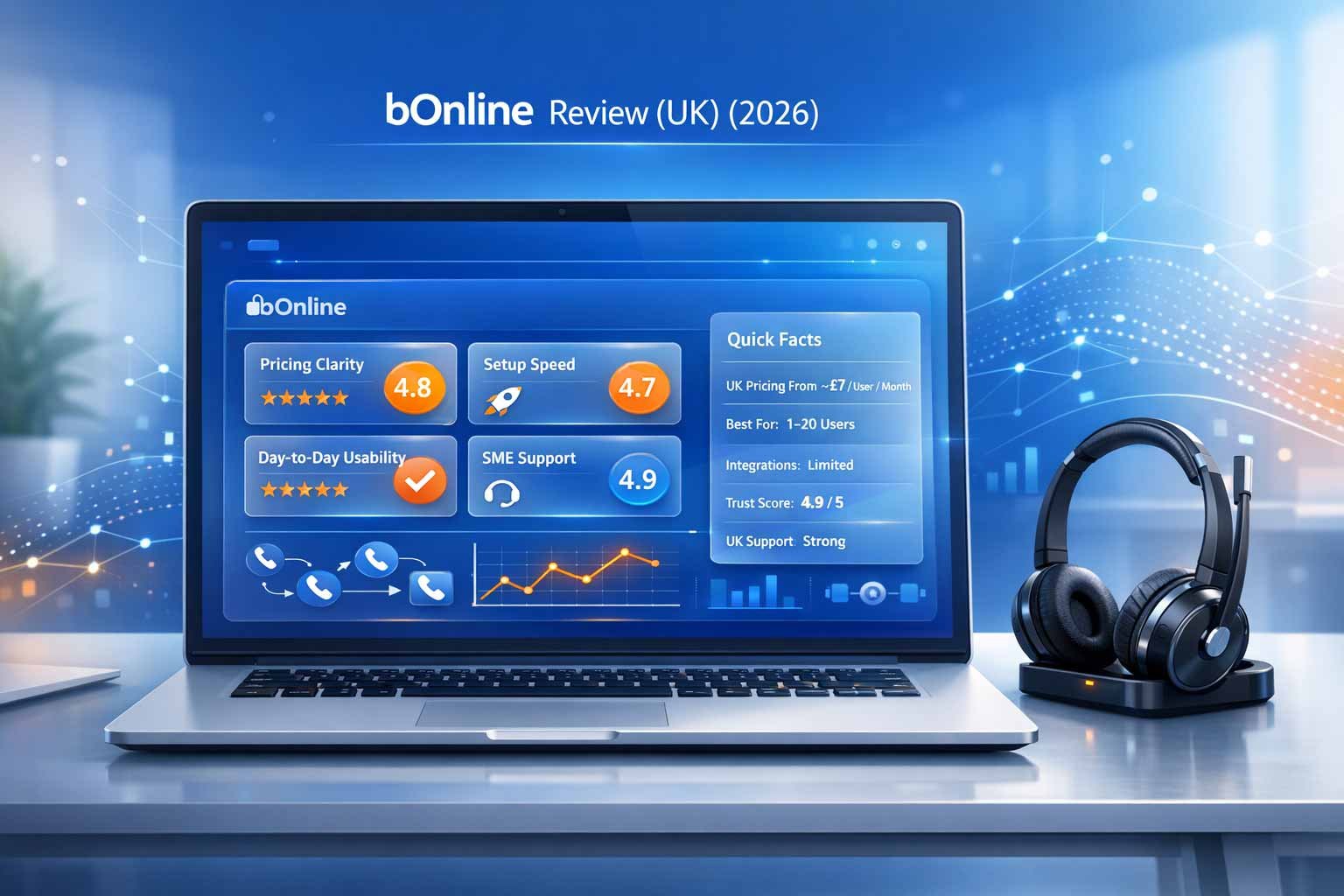 Comprehensive review of bOnline VoIP for UK small businesses, highlighting the £7 starting price, 4.9 Trustpilot rating, and 24-hour setup.