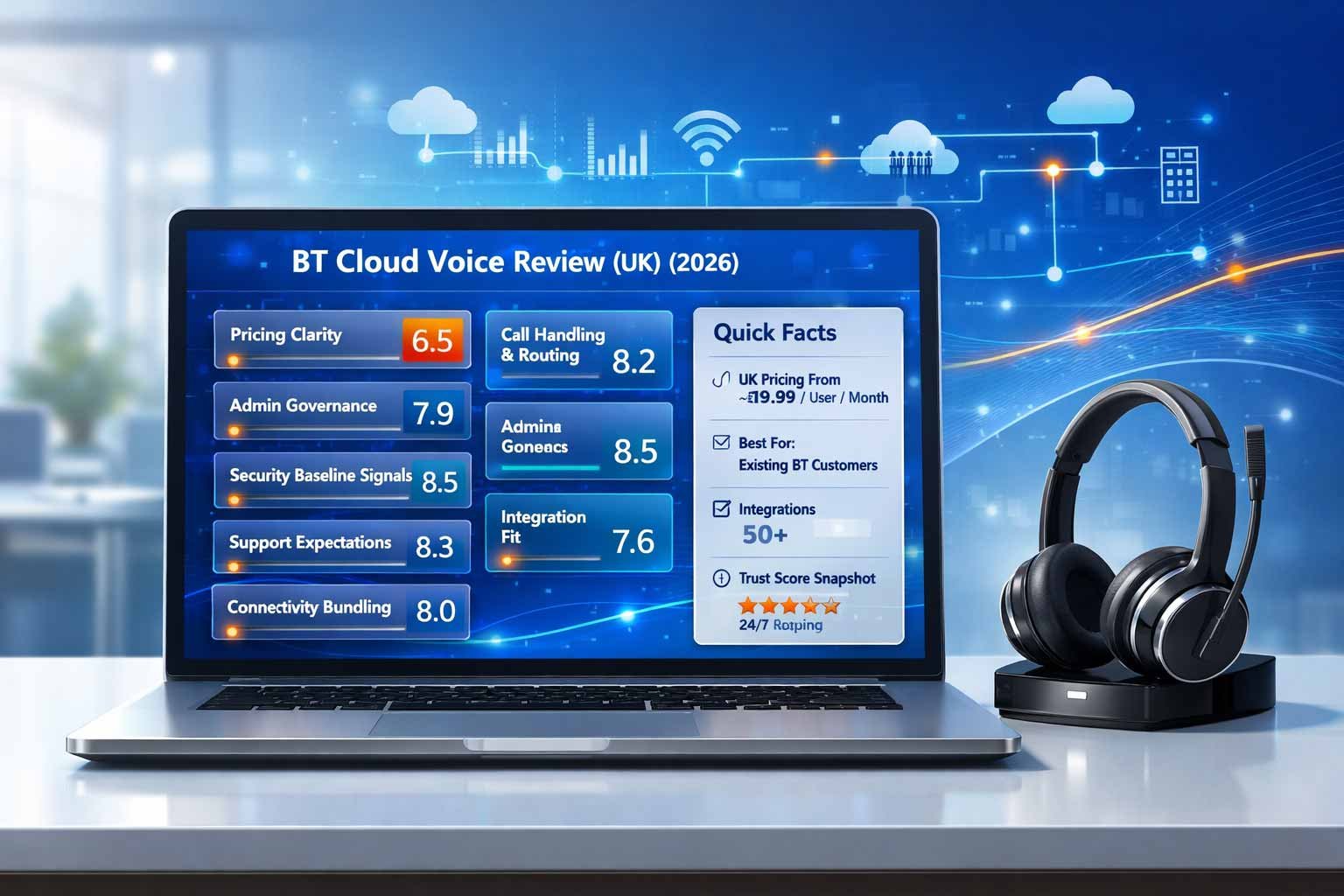Detailed review of BT Cloud Voice for UK business, evaluating the £19.99 starting price, bundled connectivity, and PSTN migration suitability.