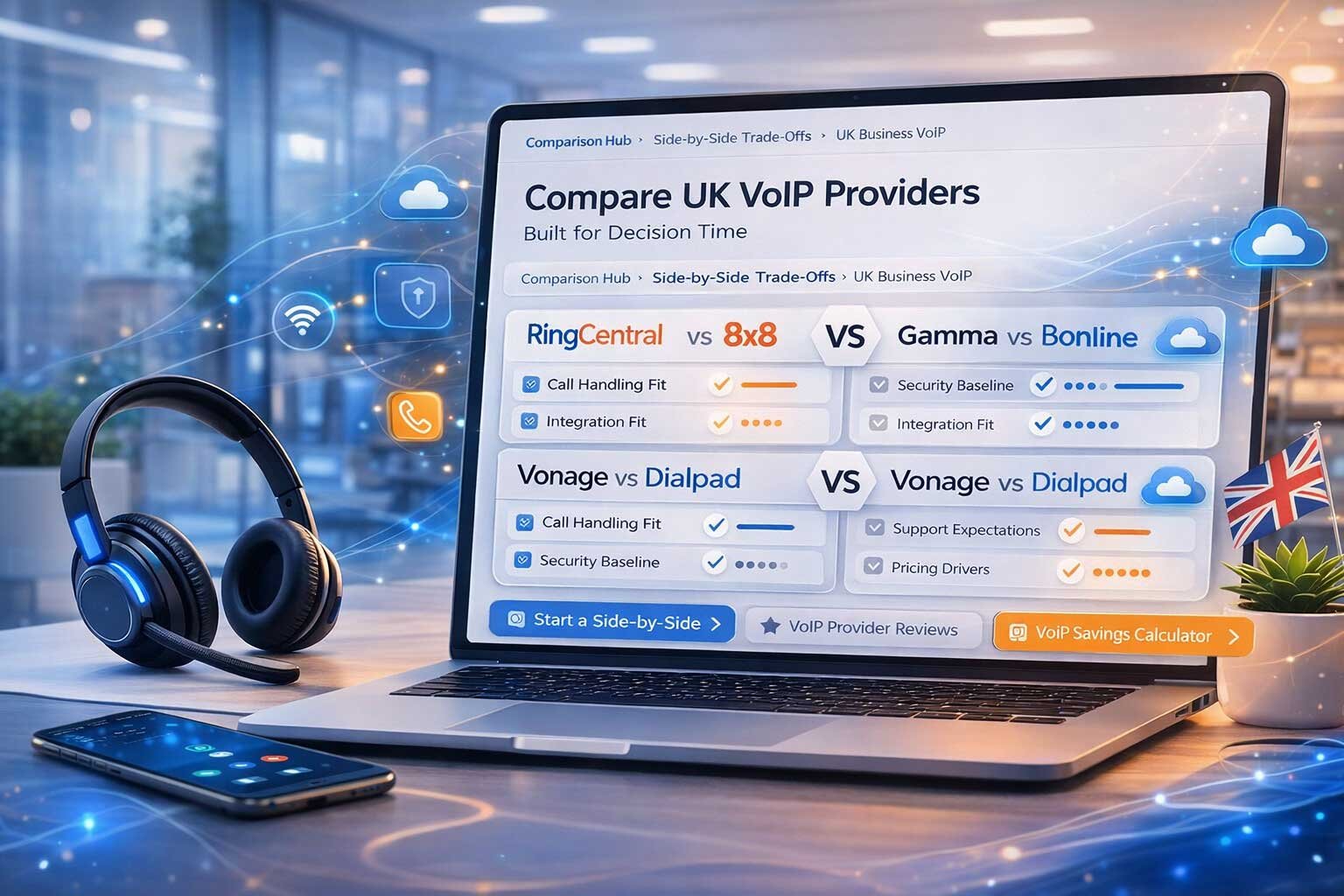 A head-to-head comparison tool for UK VoIP providers including RingCentral, 8x8, Gamma, and Vonage, evaluating call handling, security baselines, and integration fit.