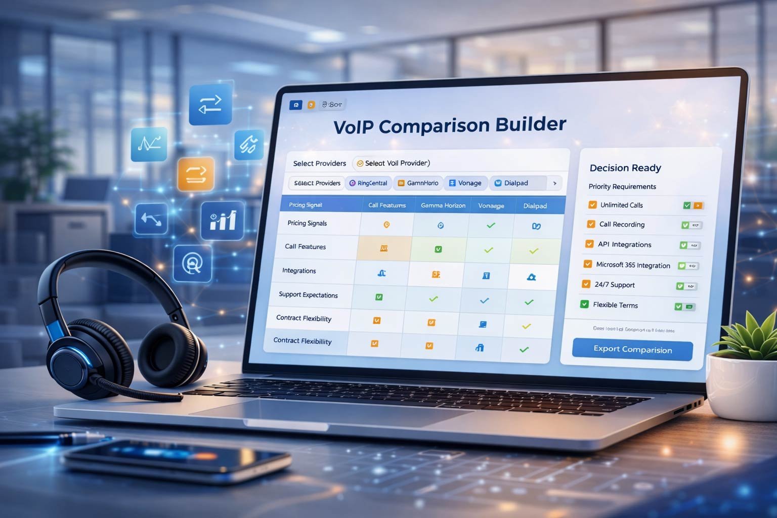Interactive VoIP comparison builder tool interface for comparing 2 to 4 UK business phone providers side-by-side with custom criteria.