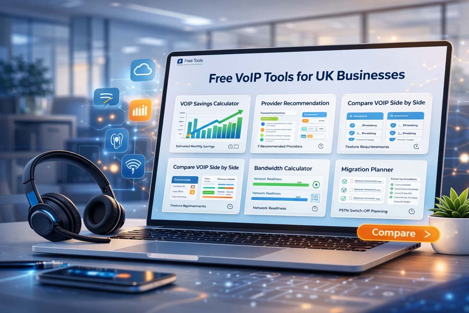 Infographic showing 5 free UK VoIP tools: Provider Recommendation Quiz, Savings Calculator, Comparison Builder, Feature Checker, and PSTN Migration Planner.