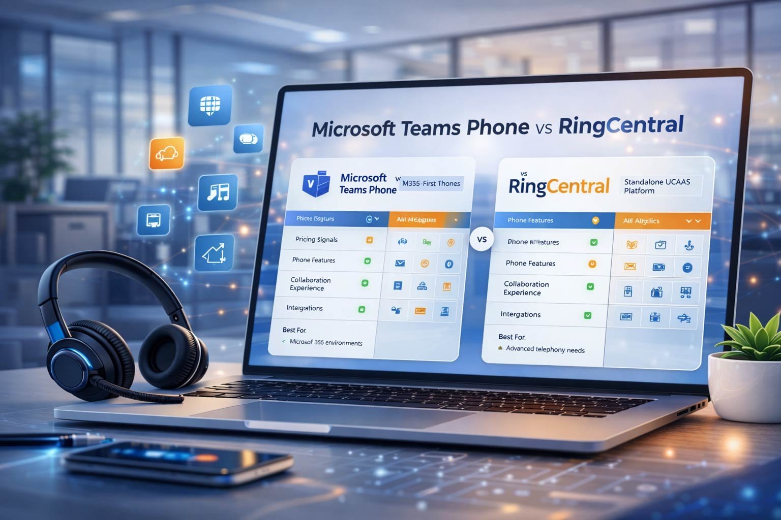 Comparison infographic of Microsoft Teams Phone vs RingCentral for UK businesses, highlighting M365 integration vs standalone UCaaS phone features.