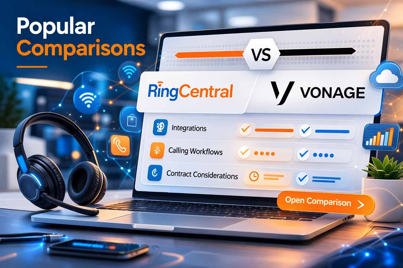Head-to-head comparison between RingCentral and Vonage for UK business phone systems, focusing on CRM integrations and contract flexibility.