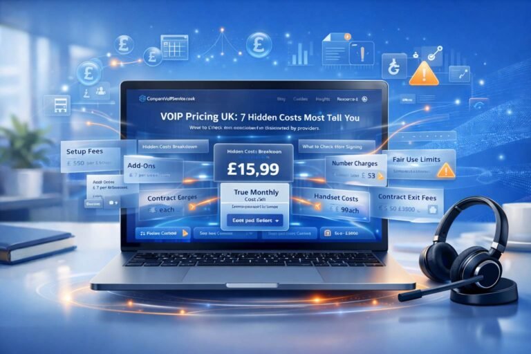 A visual representation of UK VoIP pricing complexity, showing a business professional reviewing a contract with highlighted callouts for hidden setup fees, handset costs, and termination charges.