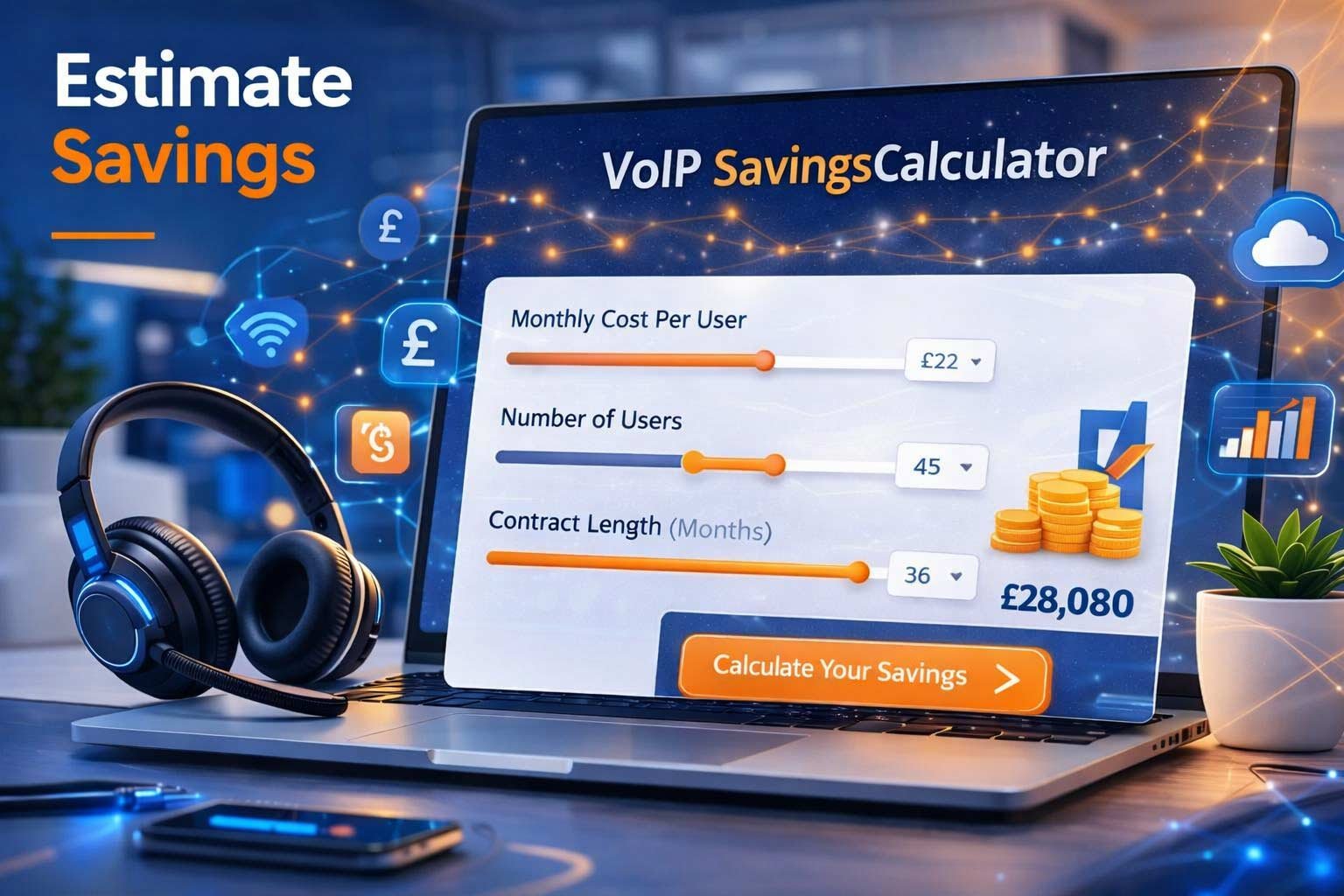 Interactive VoIP savings calculator for UK businesses to estimate total contract value based on monthly cost per user, total users, and contract length.