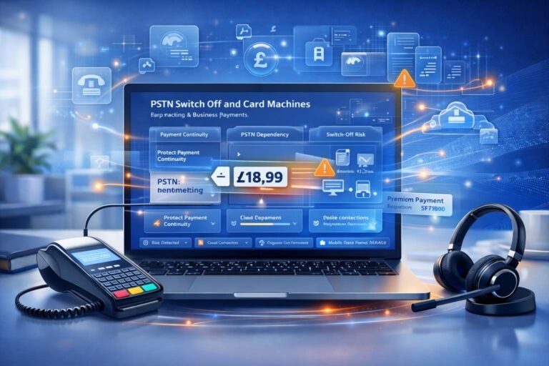 A credit card terminal being used for a transaction, illustrating the transition from analogue PSTN phone line connections to modern IP-based and mobile data payment systems before the 2027 UK switch-off.