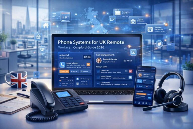 A professional home office setup in the UK featuring a remote worker using a VoIP softphone on a laptop alongside a dedicated business desk phone, demonstrating hybrid connectivity.