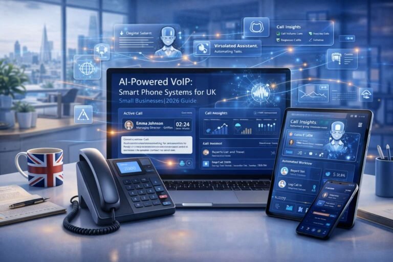 A visualization of AI-powered VoIP features including real-time call transcription, sentiment analysis, and automated virtual assistants integrated into a modern UK small business phone interface.