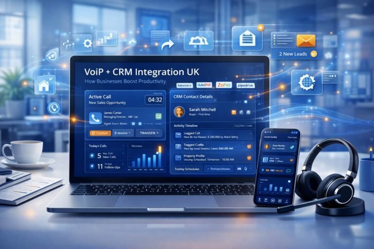 A digital dashboard showing a live VoIP call popup within a CRM interface, illustrating automated call logging, screen popping, and contact synchronization for a UK sales team.