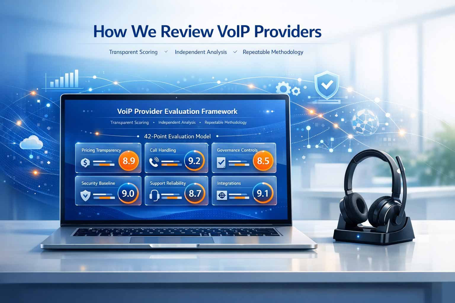Infographic showing the 42-point evaluation framework for UK VoIP providers, covering security, support, and pricing clarity.