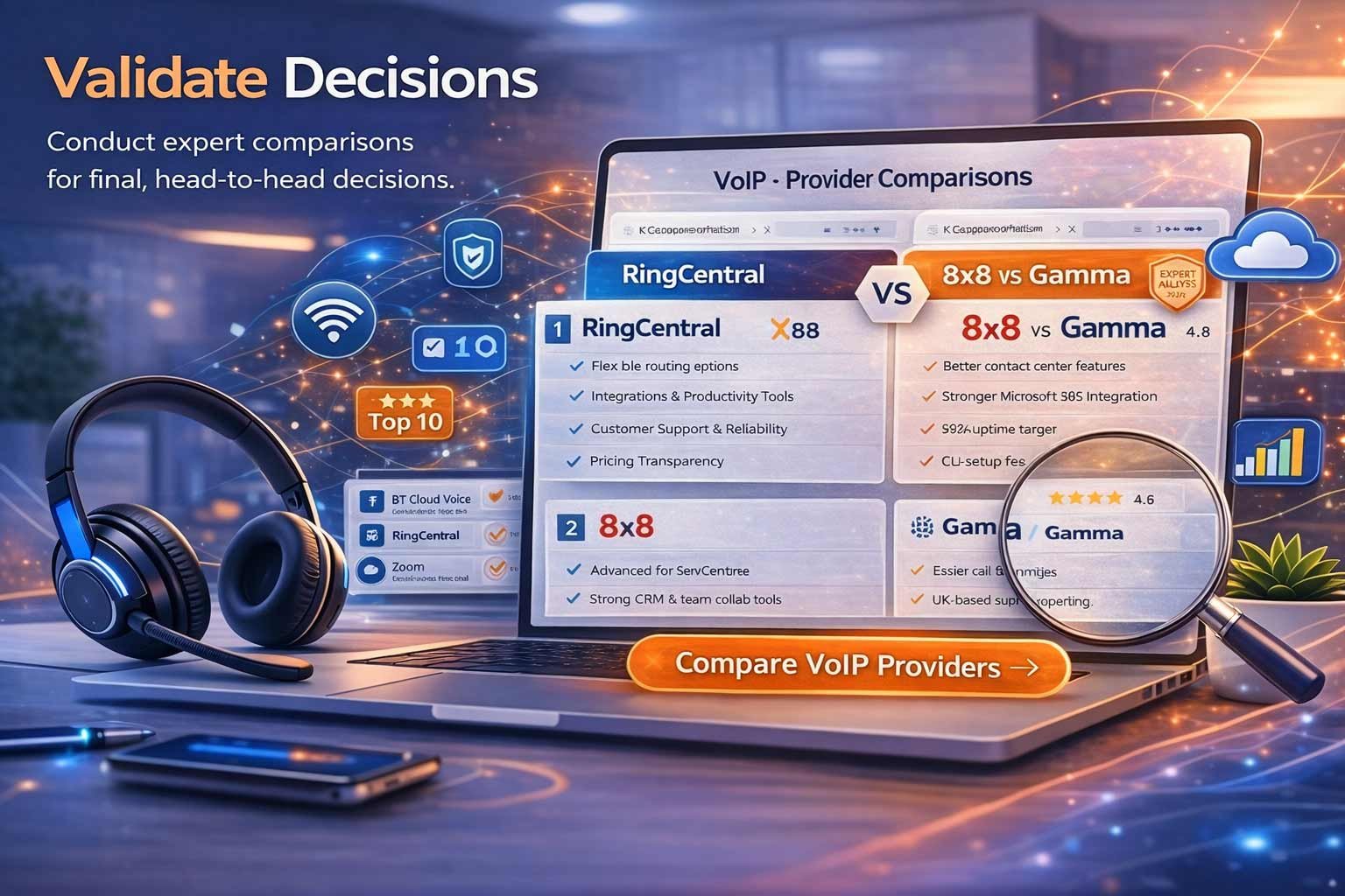 A head-to-head validation tool comparing UK VoIP providers RingCentral, 8x8, and Gamma on flexible routing, CRM integration, uptime targets, and UK-based support.