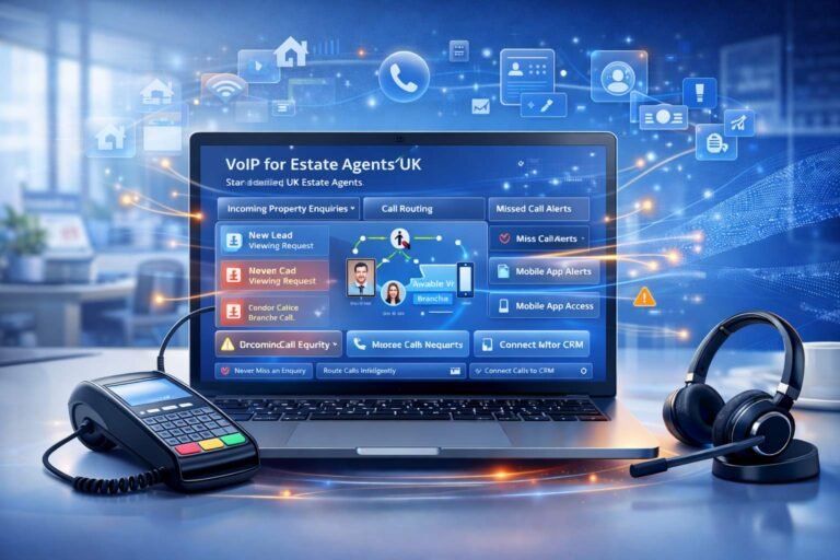 Modern UK estate agent using a VoIP mobile app to manage property enquiries during a valuation, showing CRM integration on a tablet in a professional office setting.