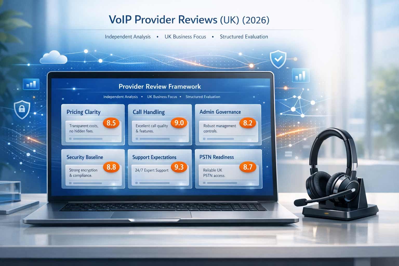 UK business VoIP review hub featuring independent depth analysis on provider security, pricing clarity, and PSTN readiness.