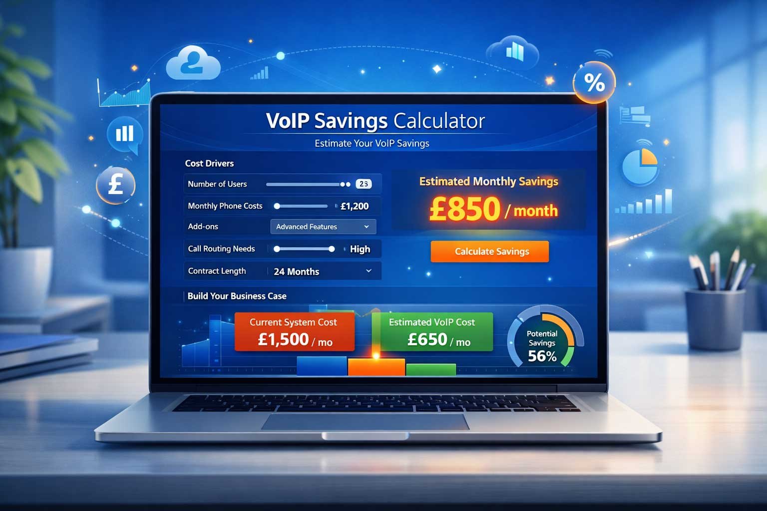 About CompareVoIPService VoIP savings calculator interface for UK businesses to estimate monthly cost reductions from landline to cloud phone systems.
