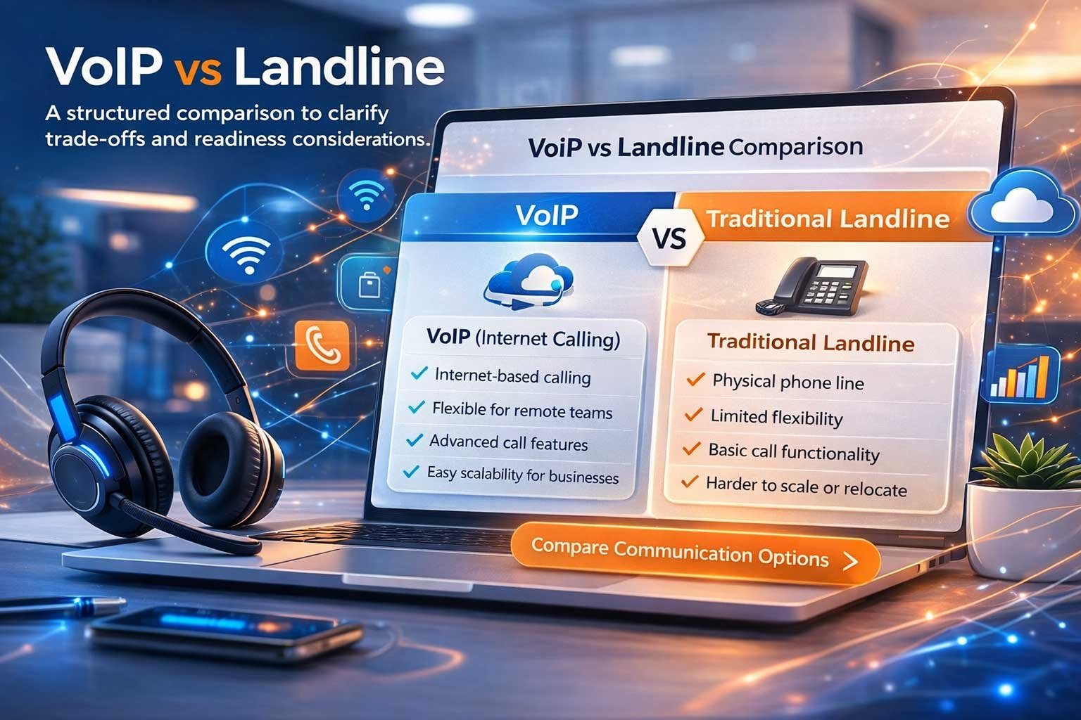A side-by-side comparison between VoIP and traditional landlines for businesses, highlighting internet-based calling, remote team flexibility, and scalability versus physical line limitations.