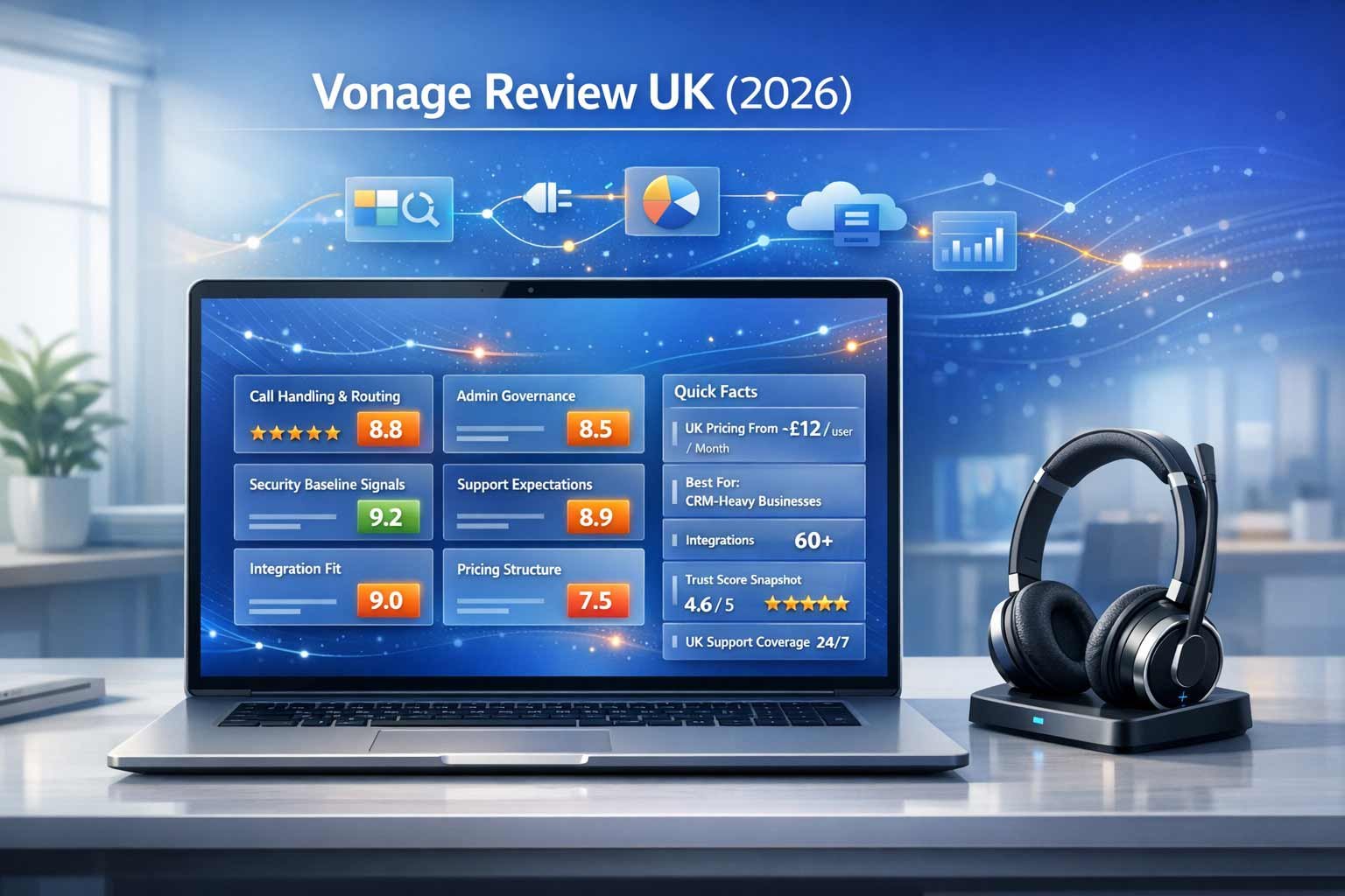In-depth review of Vonage UK business VoIP, focusing on CRM integrations, flexible contract plans, and add-on cost drivers.