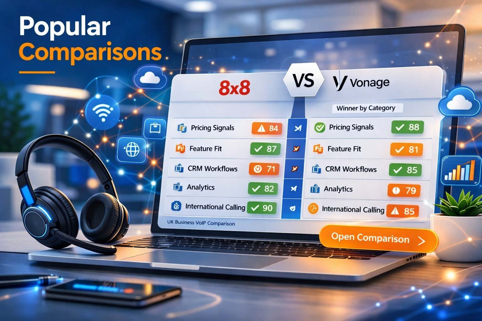 Head-to-head comparison infographic of 8x8 vs Vonage for UK business VoIP, highlighting international calling, CRM workflows, and pricing signals.