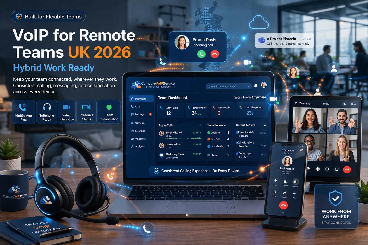 Best VoIP for Remote Teams UK 2026: Solutions for Hybrid Work A professional hybrid workspace showing a business laptop with a VoIP softphone interface, a mobile app on a smartphone, and a modern desk phone, illustrating seamless call continuity for UK remote teams.