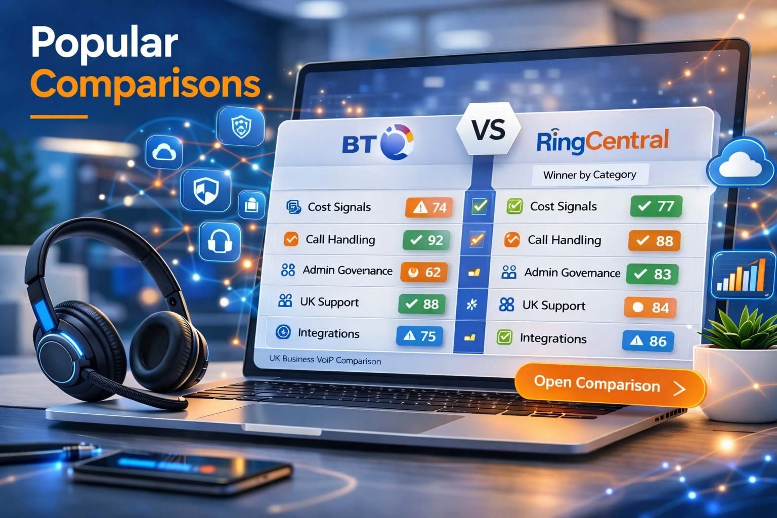 Comparison infographic of BT Cloud Voice vs RingCentral for UK businesses, focusing on cost signals, UK-based support, and PSTN migration readiness.