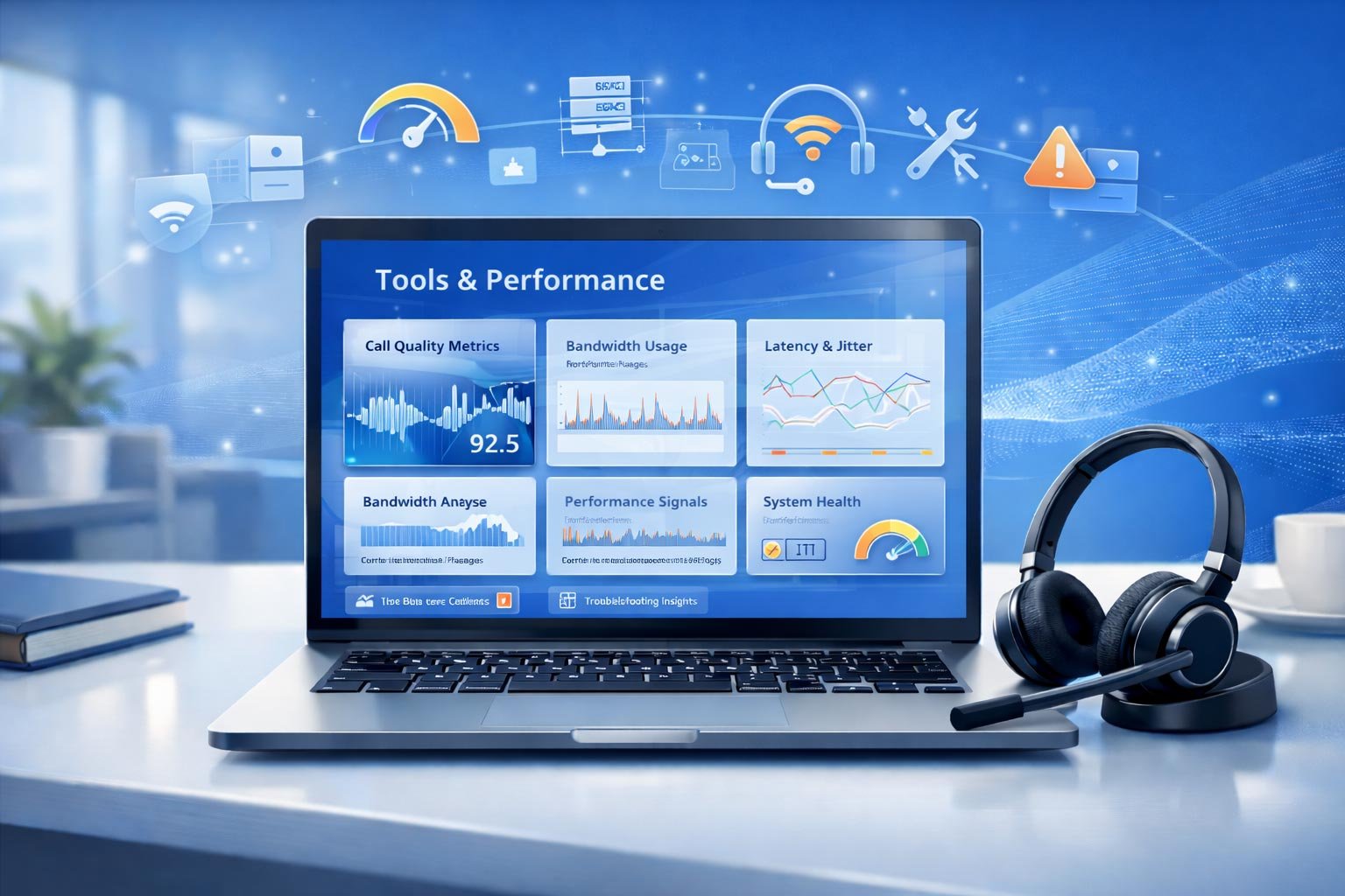 A technical dashboard showing VoIP performance metrics including upload/download speeds, ping latency, and jitter measurements for a UK business internet connection.