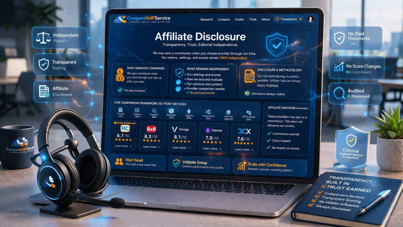 An infographic detailing the CompareVoIPService affiliate disclosure, highlighting editorial independence, transparent scoring methods, and the commitment to zero paid placements for UK VoIP provider rankings.