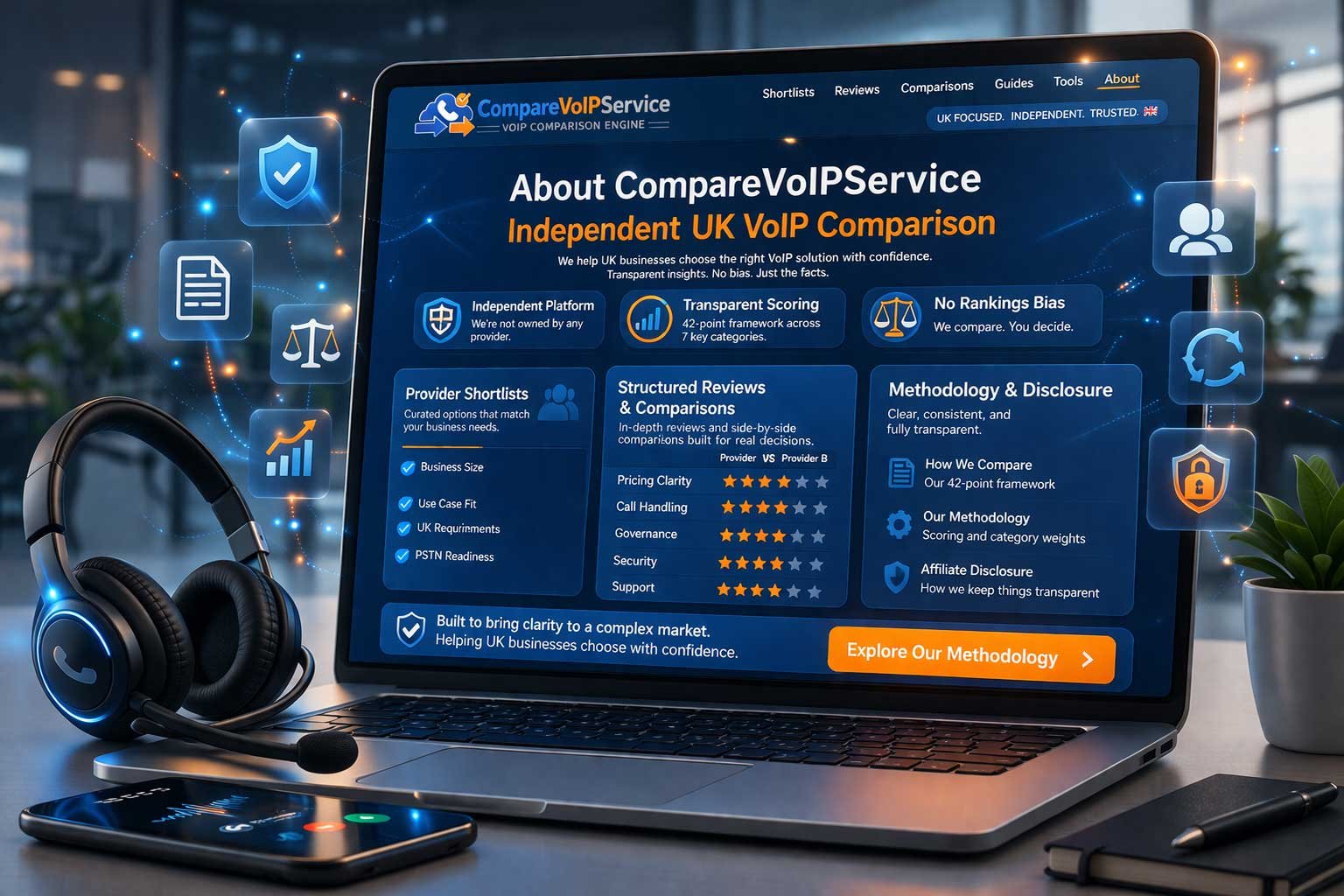 The CompareVoIPService team's editorial process for independent UK business phone system reviews, highlighting our transparent methodology and commitment to unbiased provider comparisons.
