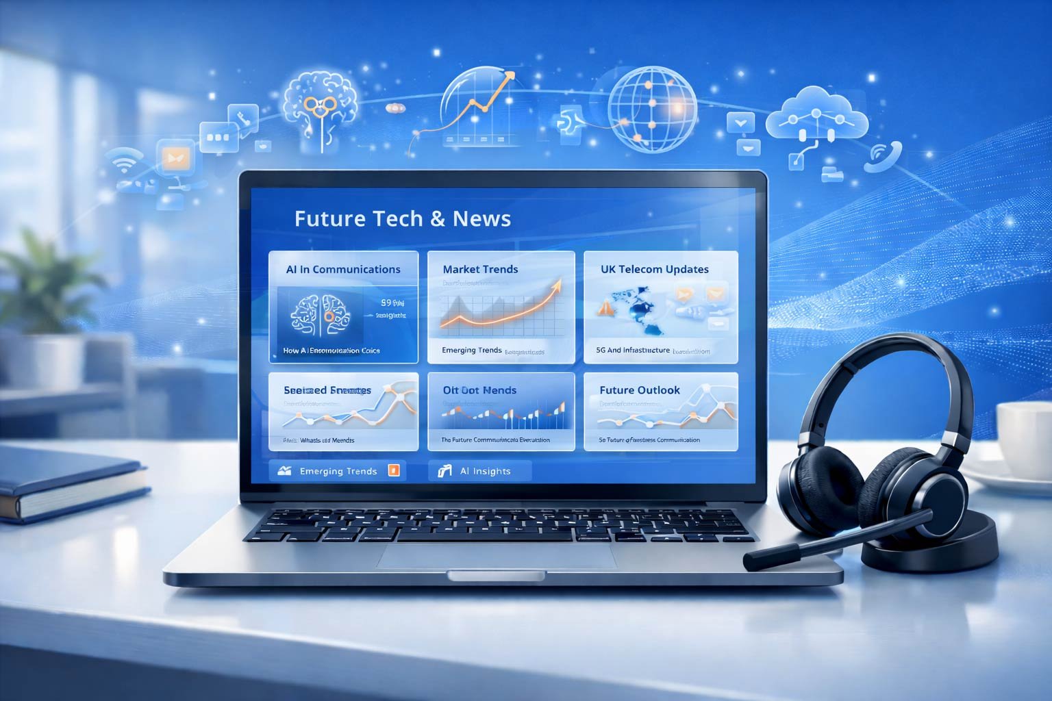 Conceptual visualization of future business communications, featuring AI-driven voice analytics, cloud connectivity icons, and a futuristic digital interface representing the UK’s evolving telecom landscape.