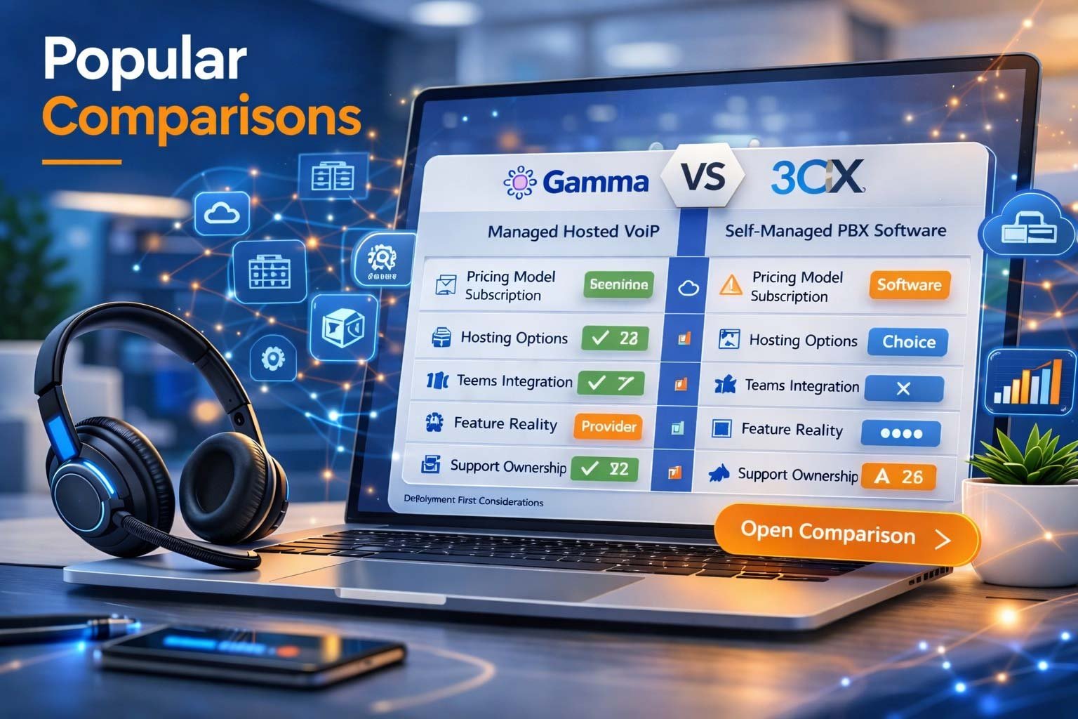Comparison of Gamma Horizon hosted service vs 3CX self-managed PBX for UK businesses, detailing hosting options, support ownership, and Teams integration.