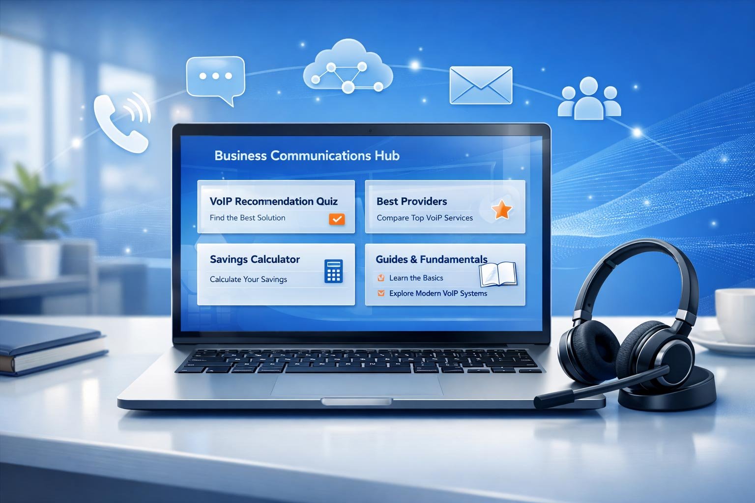 Digital infographic illustrating modern business communication tools, featuring cloud VoIP handsets, unified communications software on a laptop, and mobile business apps for UK organisations.