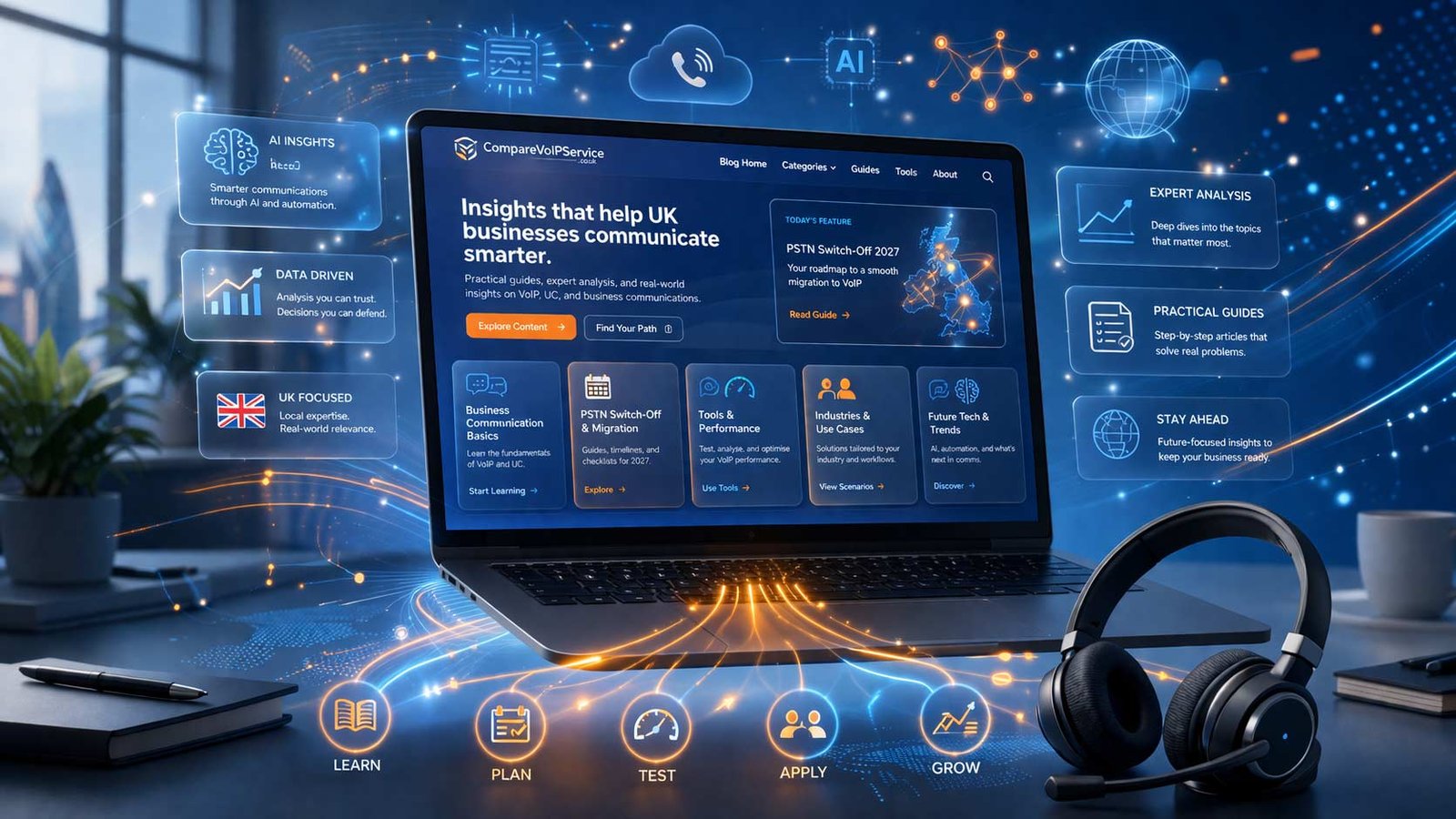 A comprehensive visual overview of the UK business communications landscape, featuring digital icons for PSTN migration, cloud VoIP handsets, unified communications software, and industry-specific connectivity tools.