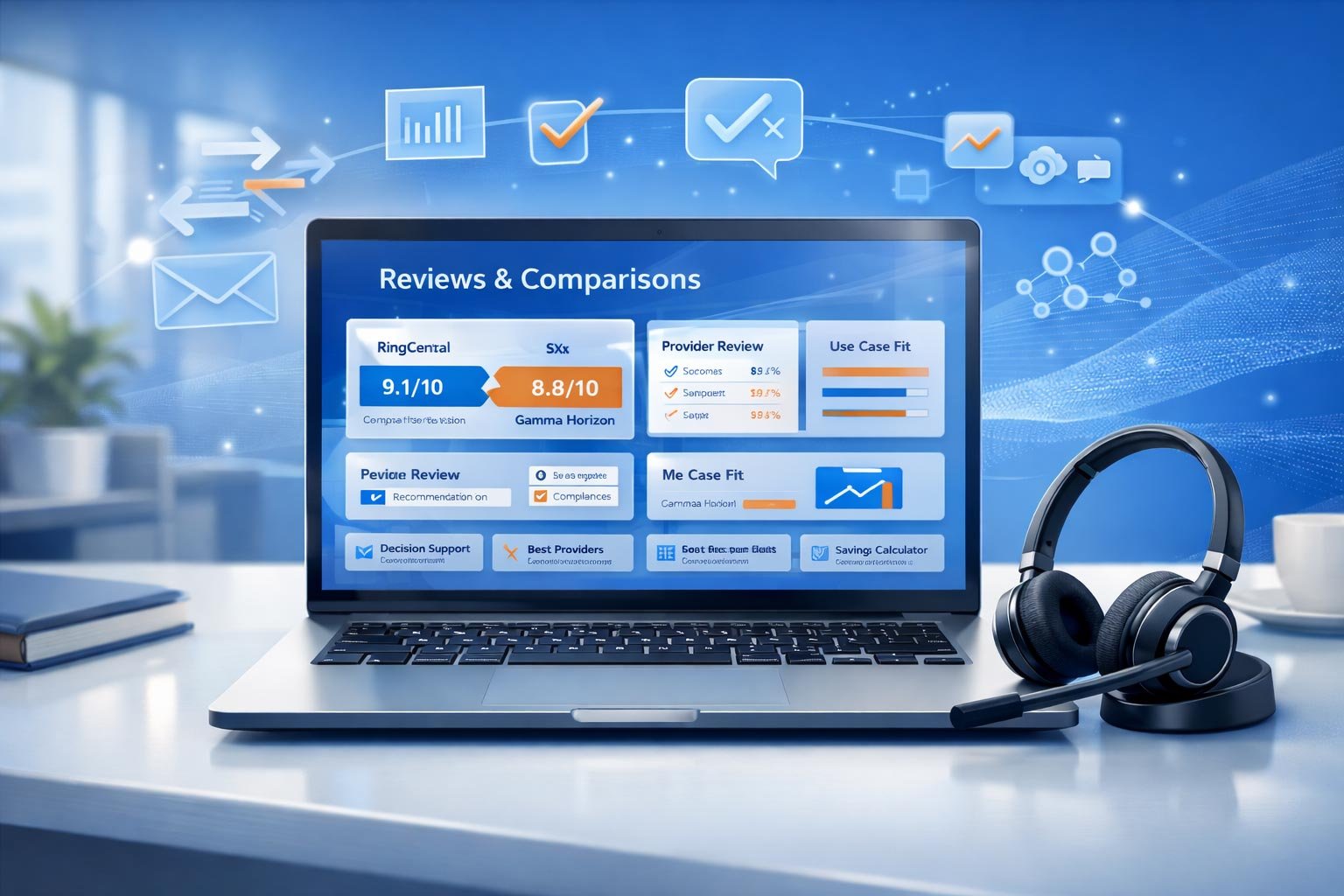 A side-by-side comparison of top UK VoIP providers, showing handsets from RingCentral, 8x8, and bOnline with highlighted features for business call management and unified communications.