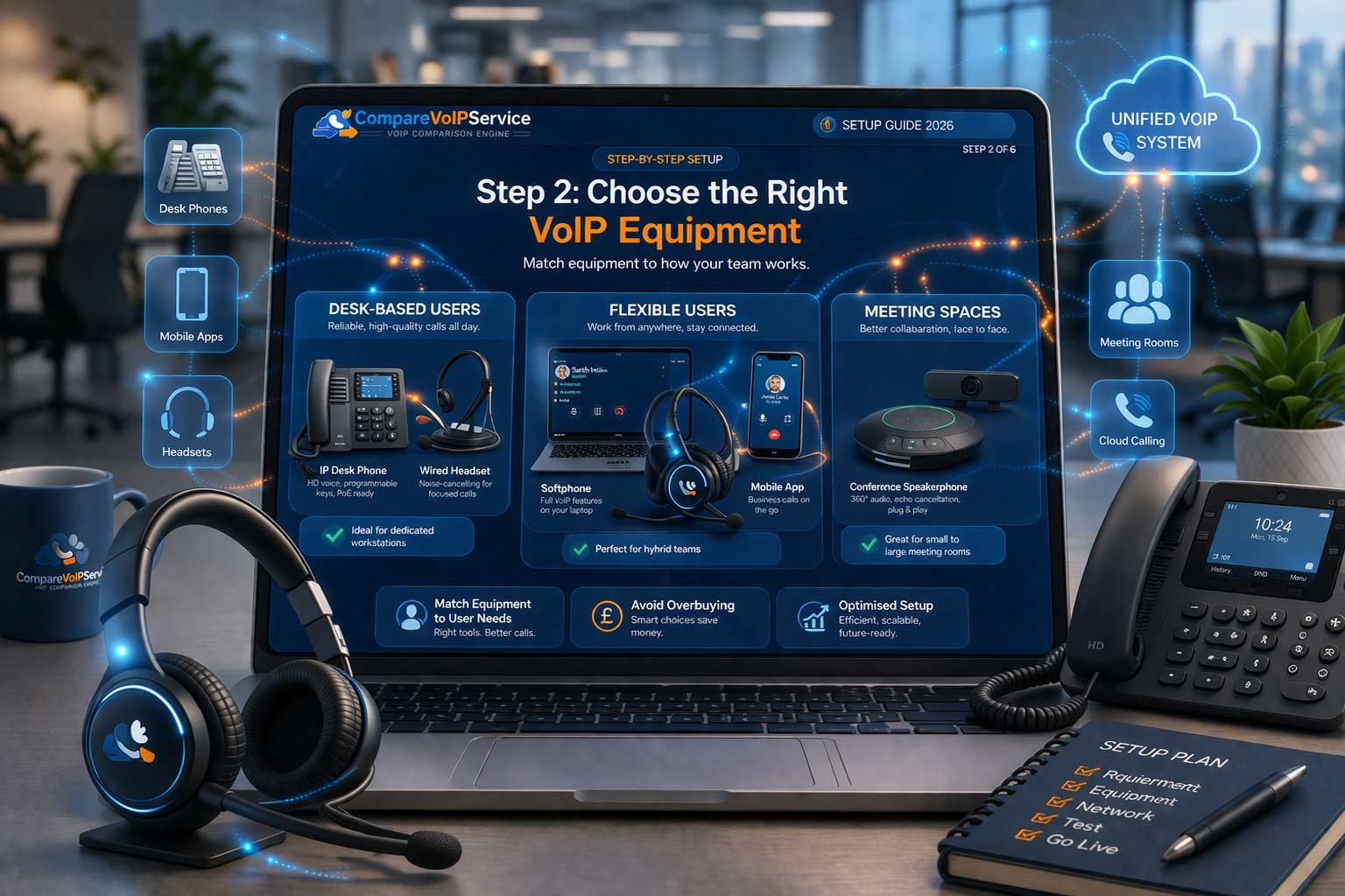 An essential business VoIP equipment setup for 2026 featuring a professional IP desk phone, a laptop running a softphone application, and a high-quality noise-canceling headset for hybrid UK teams.