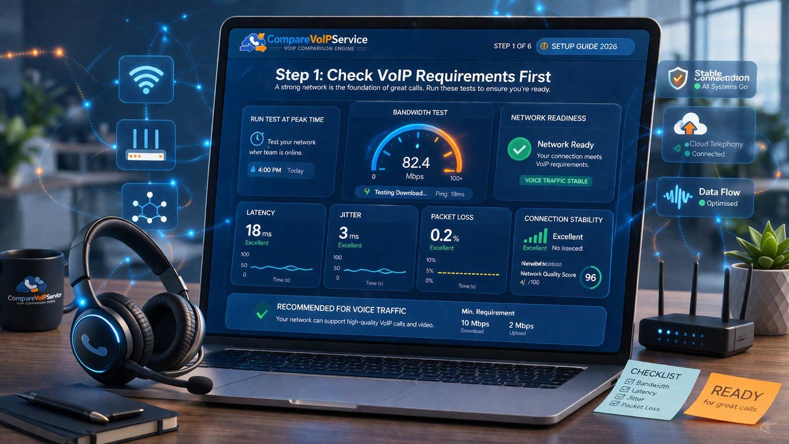 A professional workstation showing the initial phase of a VoIP setup: a laptop displaying a network bandwidth test, a mobile device with a VoIP app, and a checklist of hardware requirements for a UK business.