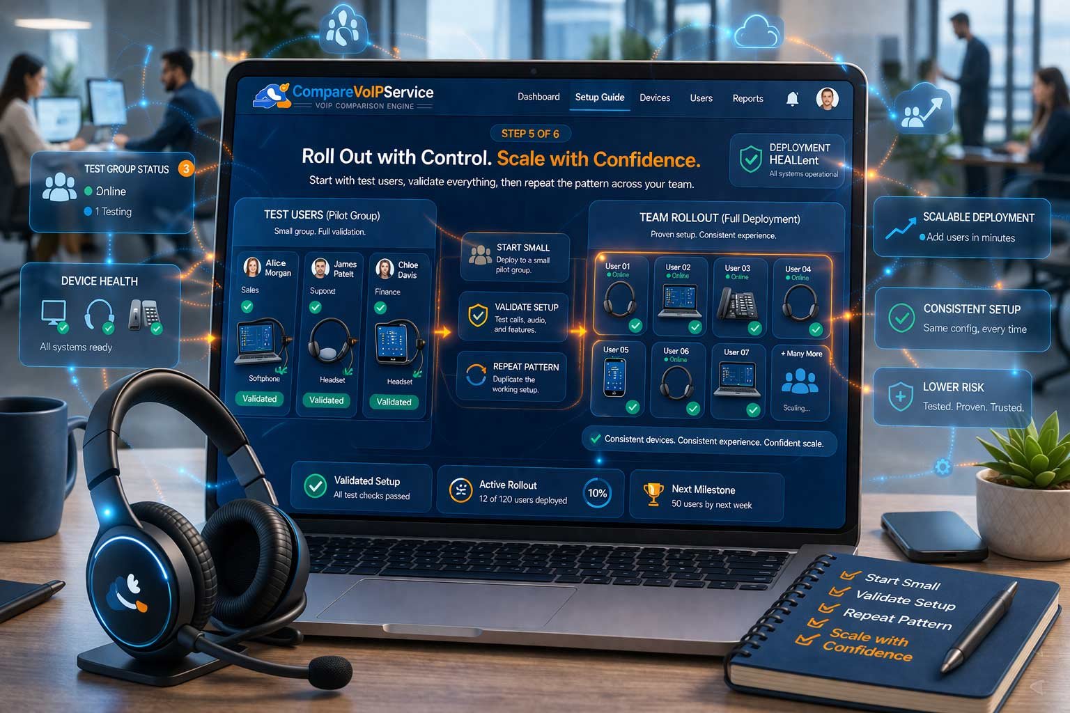 A modern UK business workspace showing a successful VoIP rollout: a laptop displaying an active business calling interface, a professional wireless headset, and a desk phone, representing a completed phased installation for a test user.