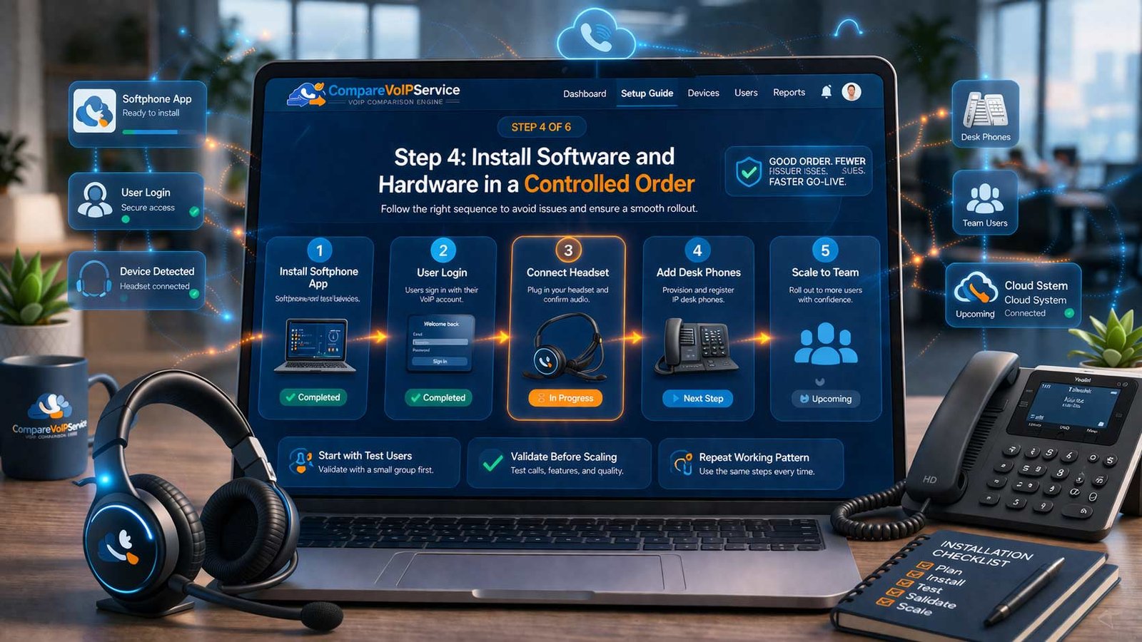 A structured VoIP installation for a UK business showing a laptop with a business calling app active, a wireless headset being configured, and a modern IP desk phone ready for connection, illustrating a controlled deployment order.