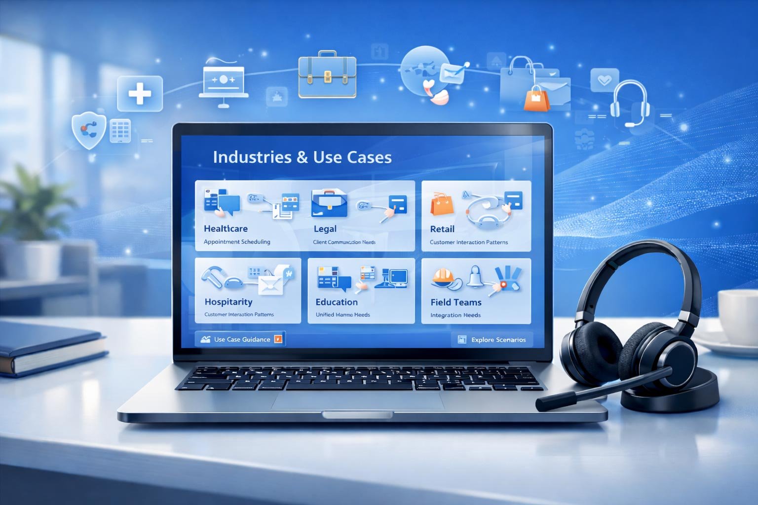 A collage representing diverse UK business sectors including healthcare, legal services, and retail, illustrating how unified communications and VoIP integrate into various industry workflows and compliance environments.
