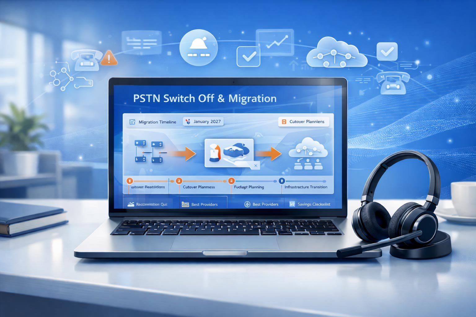 A conceptual transition diagram showing the migration from traditional UK copper phone lines (PSTN) to modern fiber-based VoIP infrastructure, highlighting key 2027 switch-off milestones.