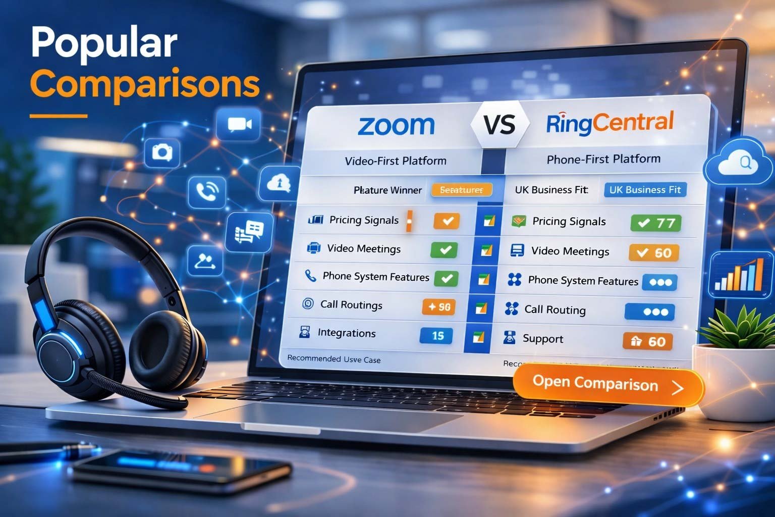 Comparison of Zoom vs RingCentral for UK business communications, contrasting Zoom's video-first meetings with RingCentral's phone-first telephony features.