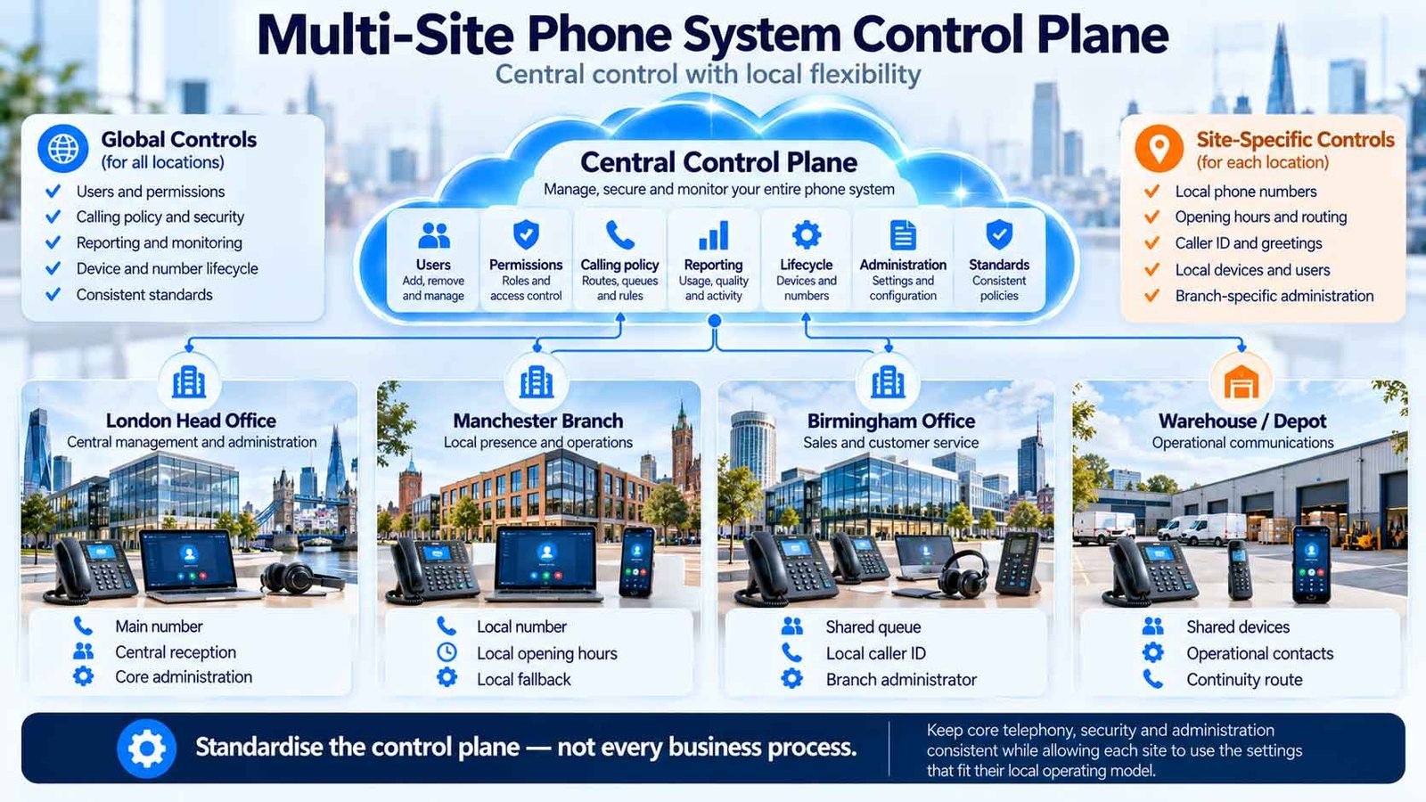Multi-site phone system control plane showing central administration with site-specific branch settings