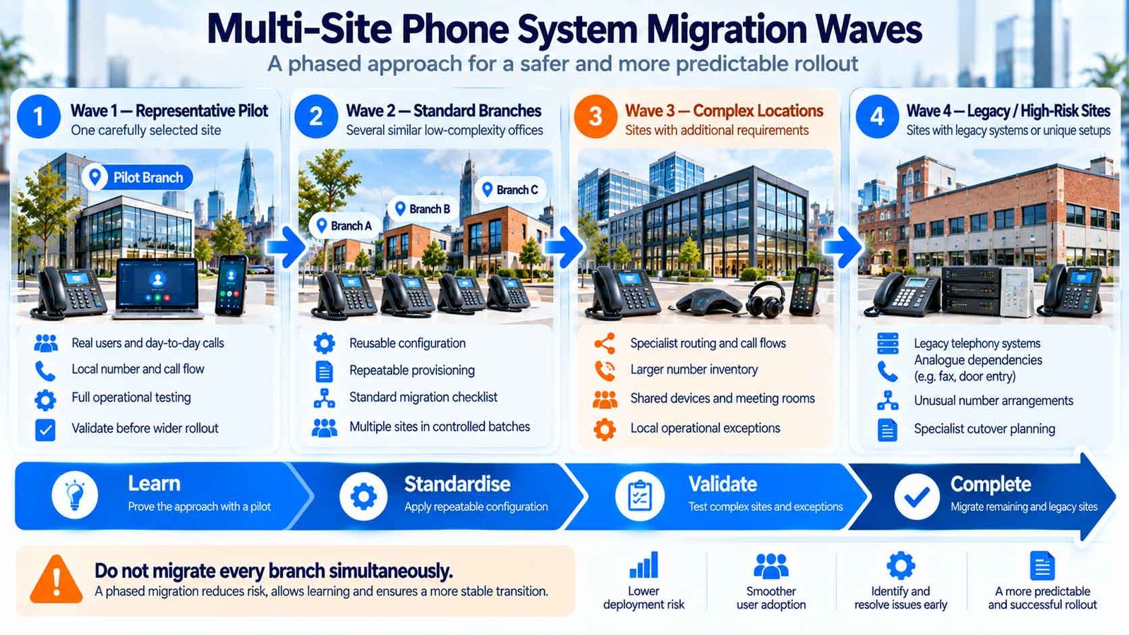 Multi-site phone system migration waves from pilot branch through standard, complex and legacy locations