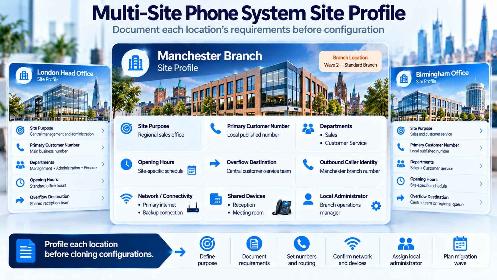 Multi-site phone system site profile covering branch numbers, hours, routing, devices, connectivity and administration