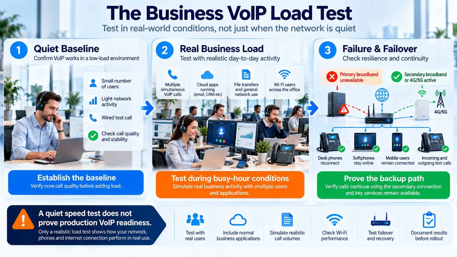 VoIP business load test for busy-hour calls, Wi-Fi, simultaneous users and backup internet