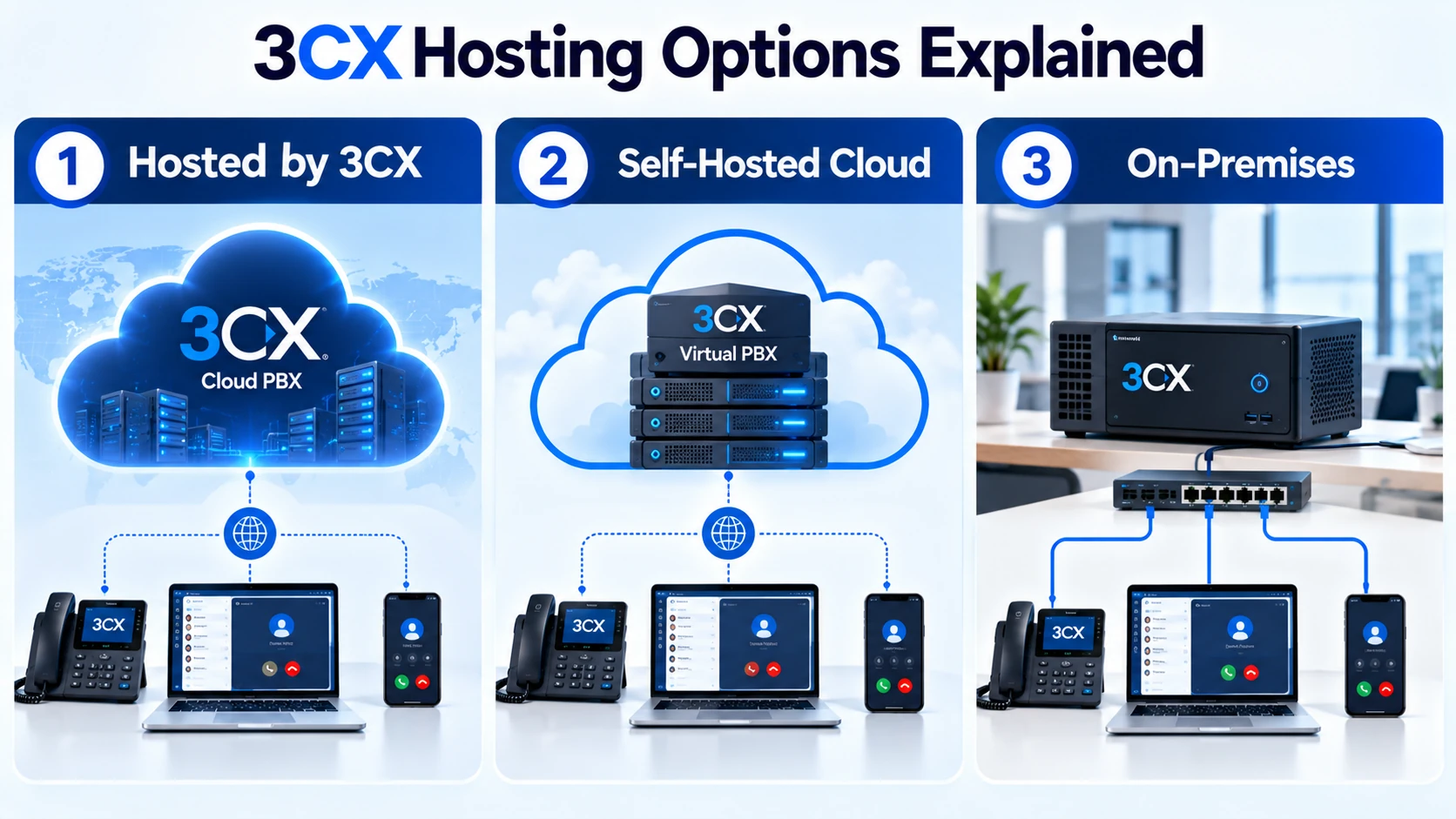 Three deployment options for a 3CX PBX: hosted by 3CX, self-hosted cloud and on-premises infrastructure