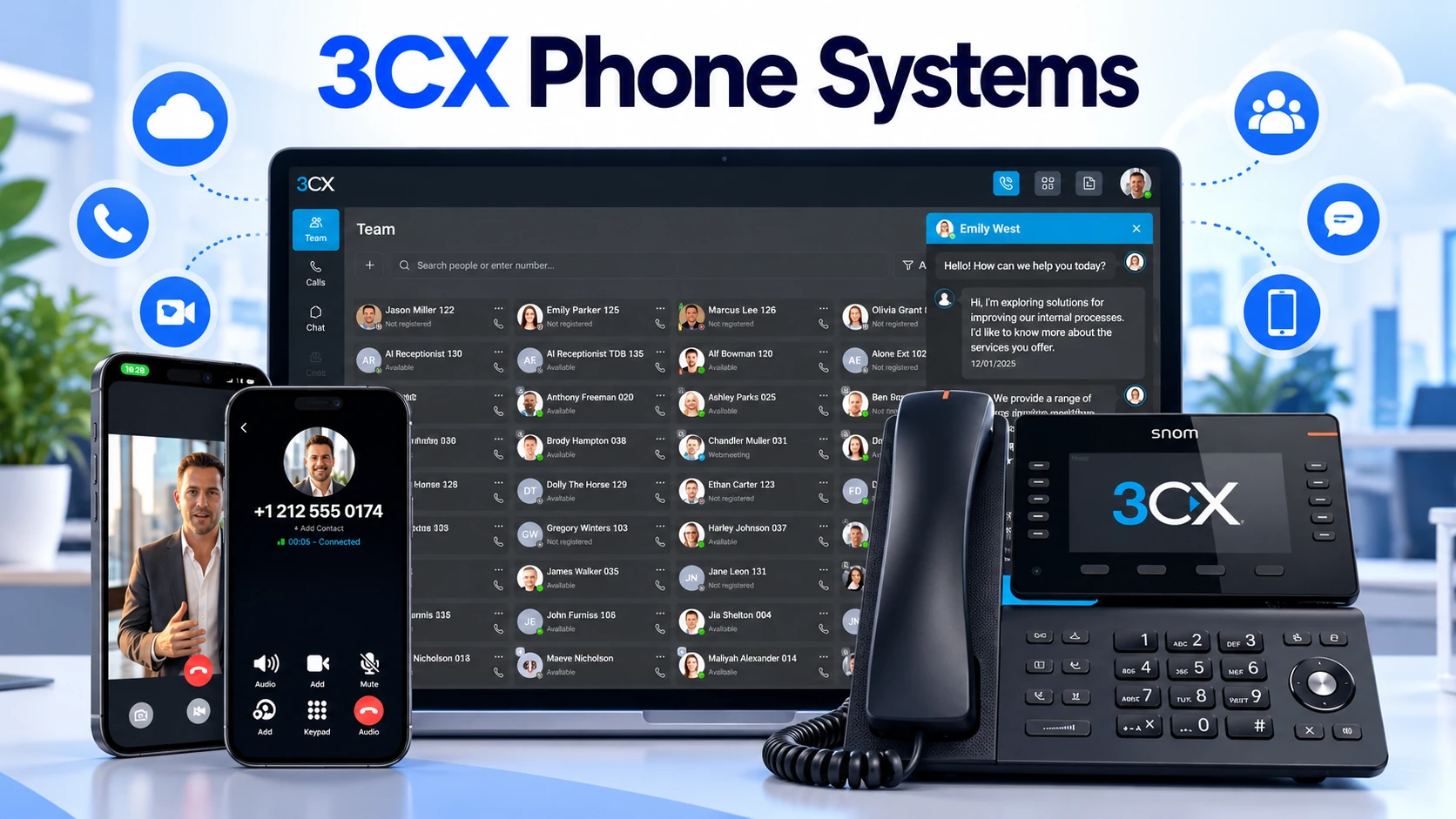 Illustration of a business phone system with IP desk phone, laptop and mobile calling devices