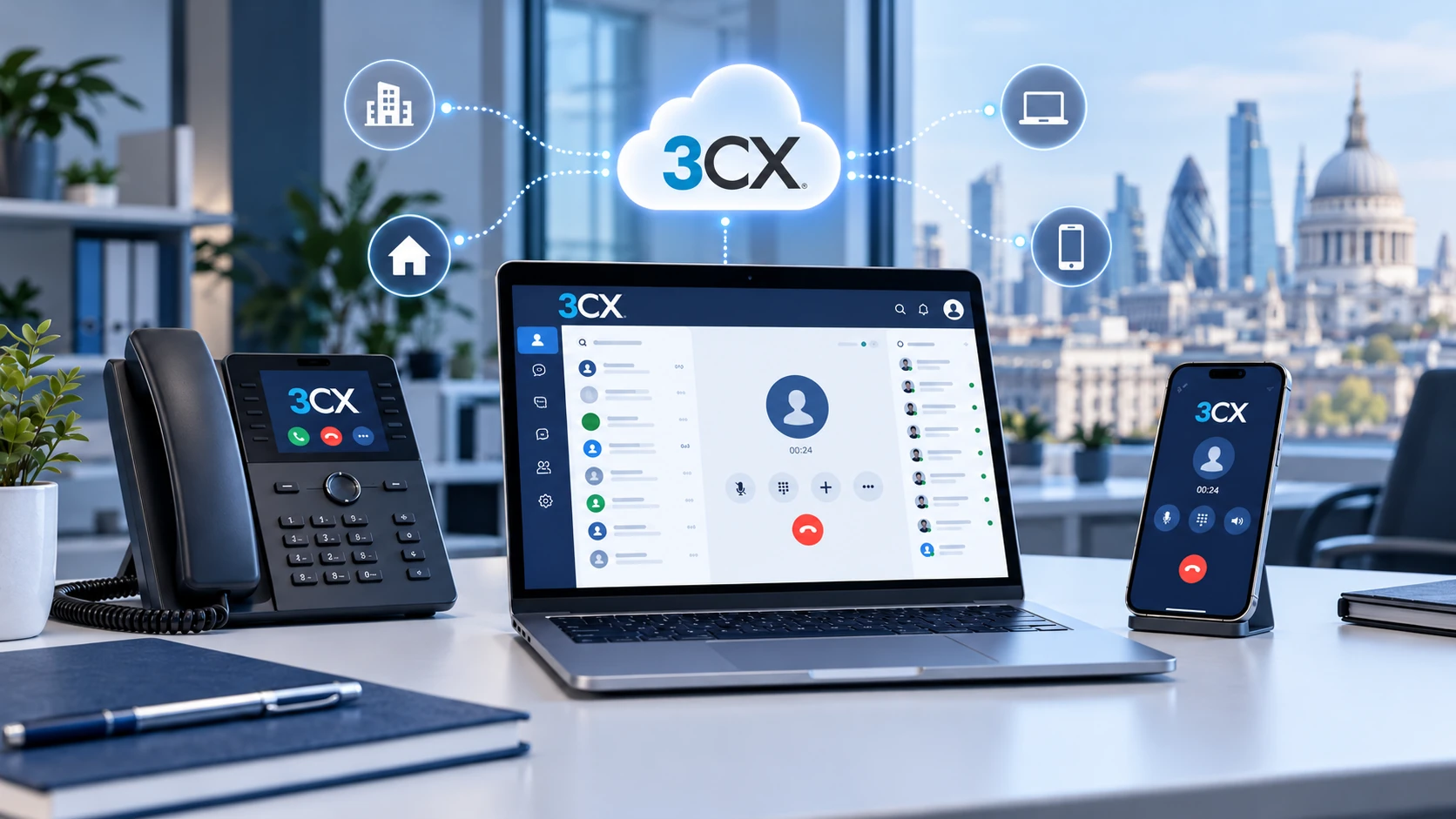 Illustration of a modern business phone system across a laptop, desk phone and mobile device