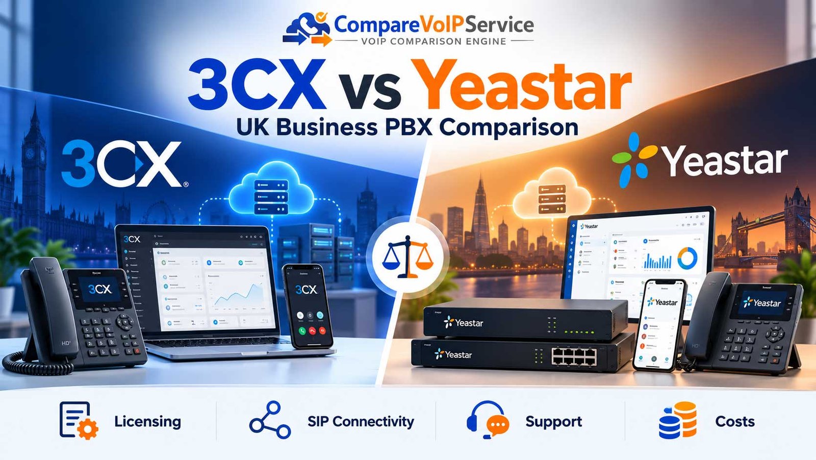 Side-by-side illustration of 3CX and Yeastar P-Series PBX environments with business phones, hosting and UK procurement considerations.