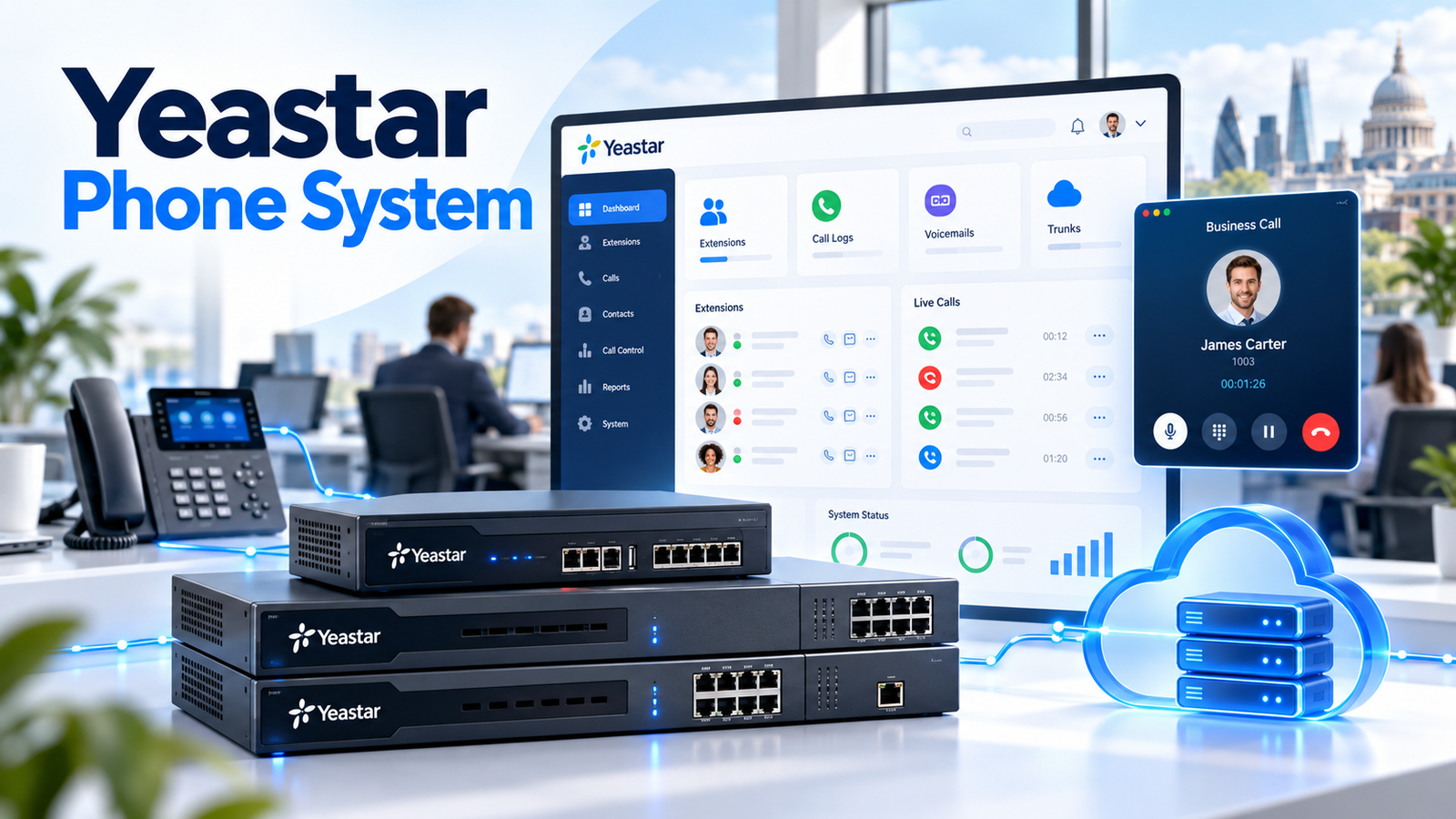Yeastar office dashboard showing calling, collaboration and phone-system administration