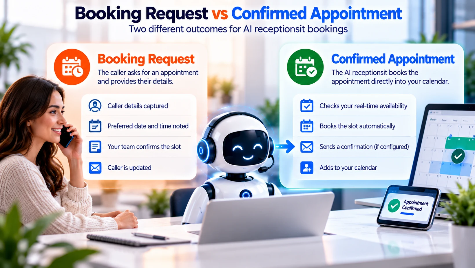 AI receptionist booking request compared with a confirmed appointment recorded in a live calendar